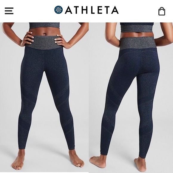 Athleta Twilight Tight Navy Sparkly Silver Metallic High Waisted Leggings Size L - Picture 1 of 15
